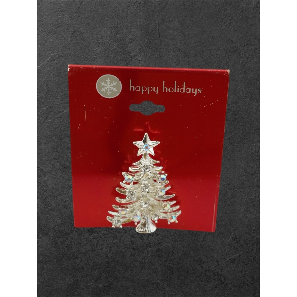Christmas Tree Brooch Silver Tone NEW Rhinestone Holiday Pin